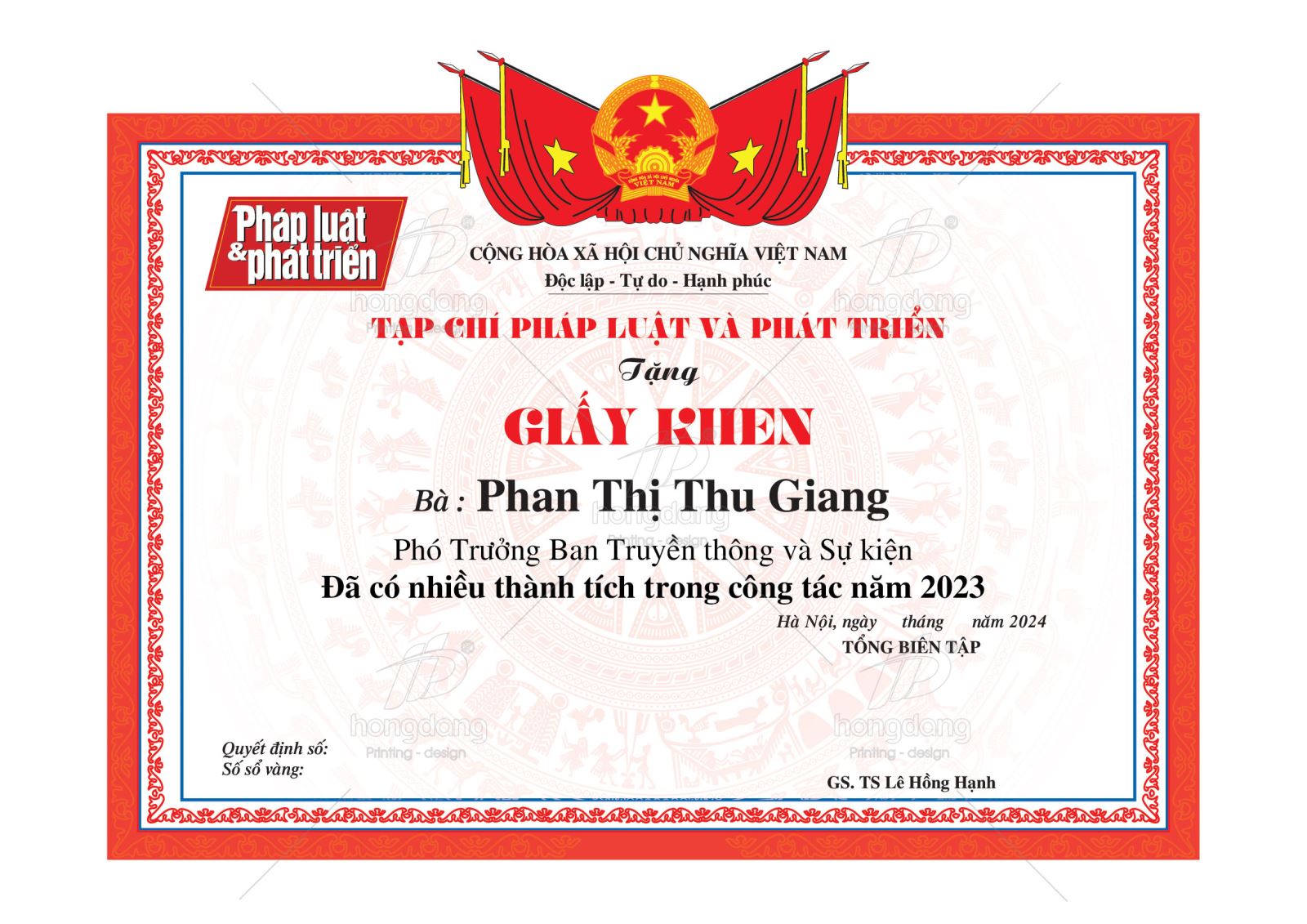 giấy khen báo pháp luật