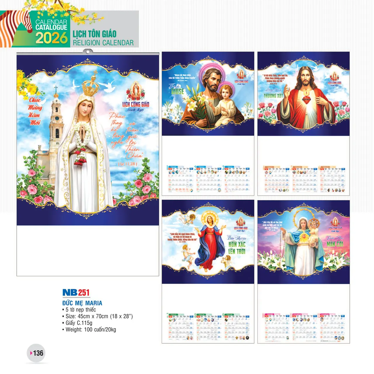 Lịch nẹp thiếc 5 tờ treo tường đẹp sang trọng